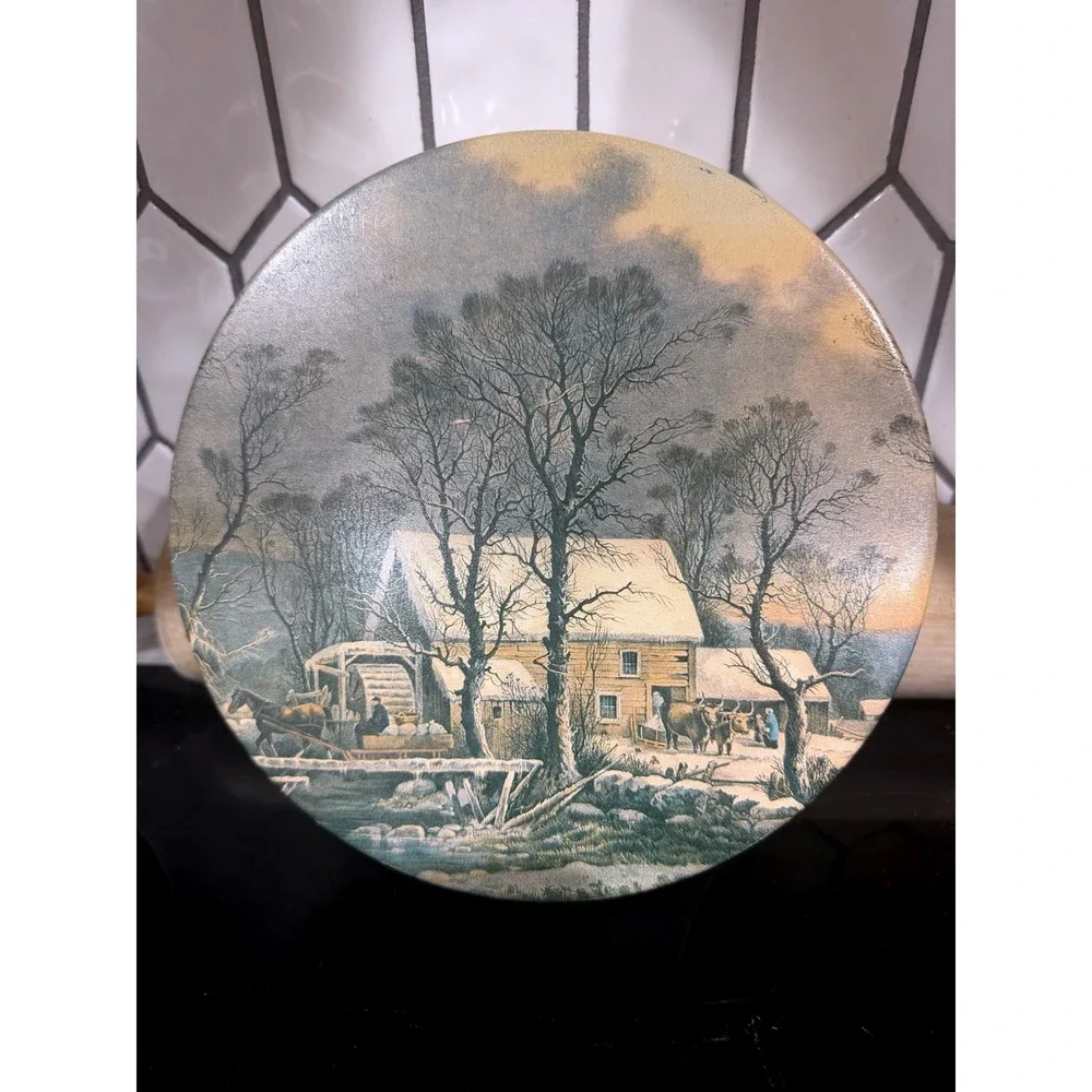 Vintage Currier and Ives The Old Grist Mill Winter Scene Round Metal Tin 10in